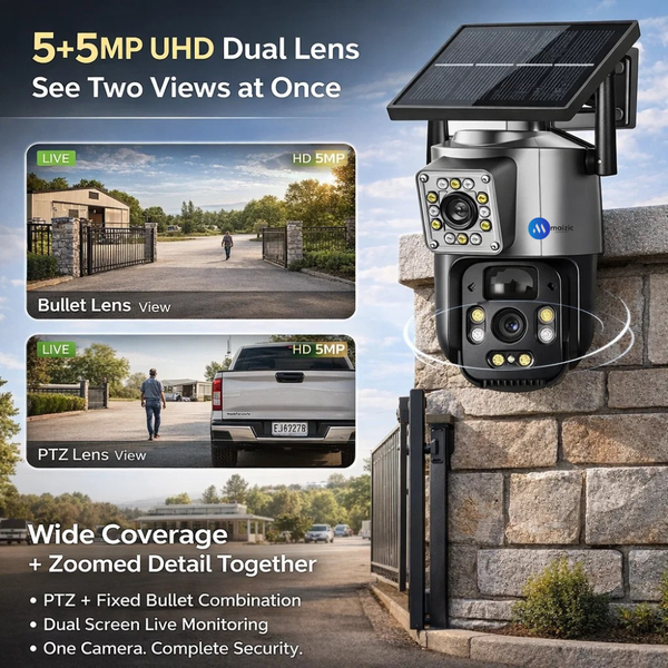 Maizic Smarthome Supercam 2.0 4G Solar Dual Lens/Screen 5+5MP UHD Outdoor CCTV | PTZ + Bullet | 360° View | 8000mAh Battery | Color Night Vision | 2-Way Audio | Human Detection | IP66 Waterproof
