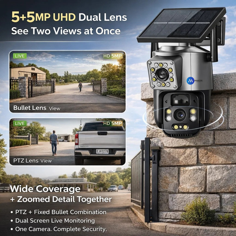 Maizic Smarthome Supercam 2.0 4G Solar Dual Lens/Screen 5+5MP UHD Outdoor CCTV | PTZ + Bullet | 360° View | 8000mAh Battery | Color Night Vision | 2-Way Audio | Human Detection | IP66 Waterproof