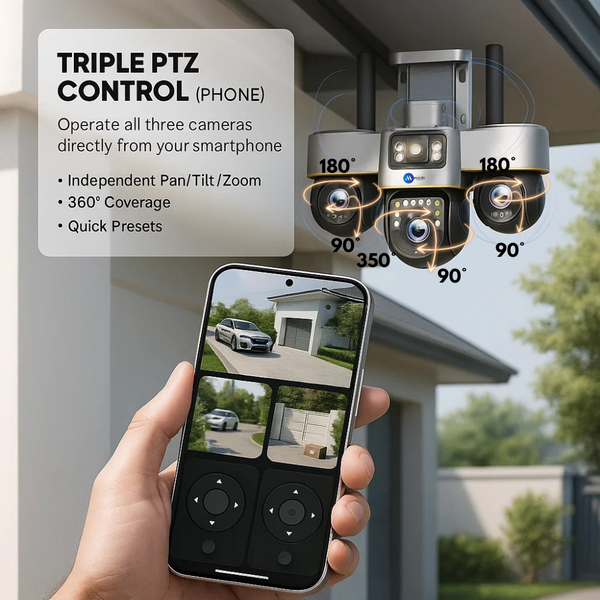 Maizic TRIGENIE 4G Triple Lens Outdoor Security Camera – Black  360° AI PTZ Surveillance | 3MP×3 FHD | 4G SIM | Color Night Vision | IP66 Waterproof | 2-Way Audio