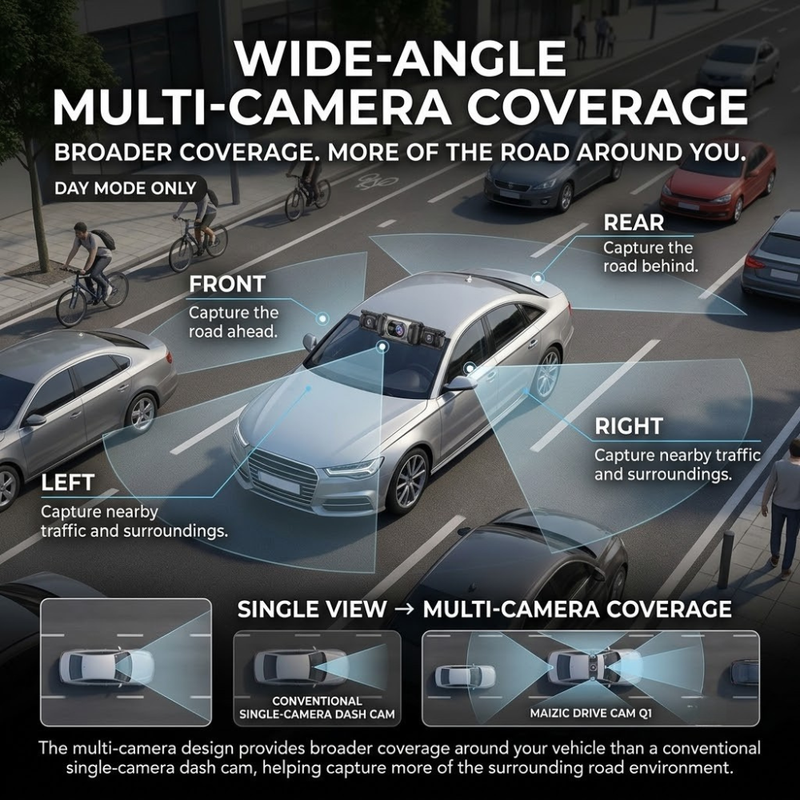 Maizic Smarthome Drive Cam Q1 4 Channel 1080P*4 Dash Camera for Car, Front Rear Left Right Recording, WiFi, WDR Night Vision, G-Sensor, Loop Recording, Parking Monitor, Wide Angle Car DVR