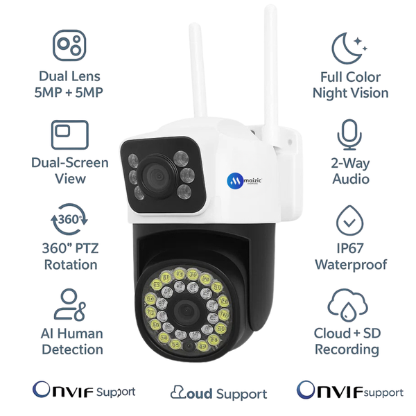 Maizic Smarthome Mini SuperCam 36IR Dual Lens 5MP+5MP WiFi Outdoor CCTV Camera | Dual Screen View | Color Night Vision | AI Human Detection | 2-Way Talk | ONVIF Support