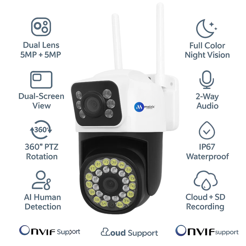 Maizic Smarthome Mini SuperCam 36IR Dual Lens 5MP+5MP WiFi Outdoor CCTV Camera | Dual Screen View | Color Night Vision | AI Human Detection | 2-Way Talk | ONVIF Support