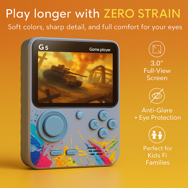 Maizic Smarthome G5 Purple Handheld Game Console with 500 built-in games, 3-inch screen, and rechargeable battery. Compact, fun, and perfect for kids' gifts and on-the-go gaming.