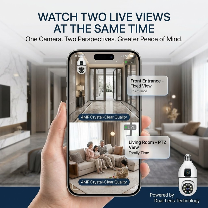 Maizic Smarthome Supercams 4+4 MP Dual Lens Smart Bulb CCTV Camera | Fixed Bullet + PTZ Dual Camera | Dual Live Monitoring | AI Human Detection | Color Night Vision | Two-Way Audio | Wireless WiFi Indoor Security Camera