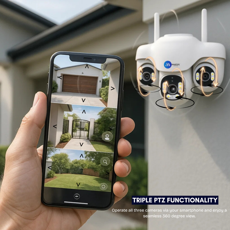 Maizic TRIGENIE 4G AI Triple Lens Outdoor Security Camera  Full-Coverage Smart Surveillance | 4G SIM Support | 3MP×3 FHD Clarity | AI Motion Detection