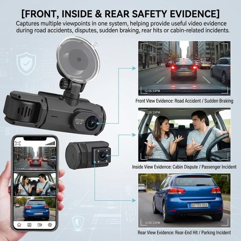 Maizic Smarthome Triplex WiFi Car Dash Cam | 3-Channel Front, Cabin & Rear Camera | 1296P Front + Dual 1080P Recording | G-Sensor | IR Night Vision | Loop Recording | 24H Parking Monitor