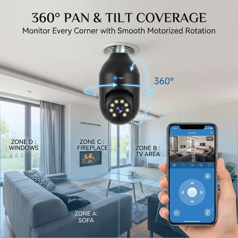 Maizic Smarthome 3MP WiFi Bulb Security Camera | 360° PTZ | AI Human Detection | Full Color Night Vision | Two-Way Audio | Easy B22 Installation | Remote Mobile Monitoring