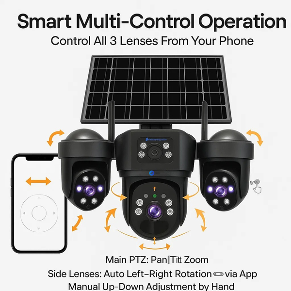 Maizic Smarthome UltraGenie Max 5MP×3 UHD Triple Lens/Screen Triple PTZ WiFi Solar Outdoor CCTV Camera | Color Night Vision | Human Detection | Two-Way Audio | IP66 Waterproof | Multi-User View