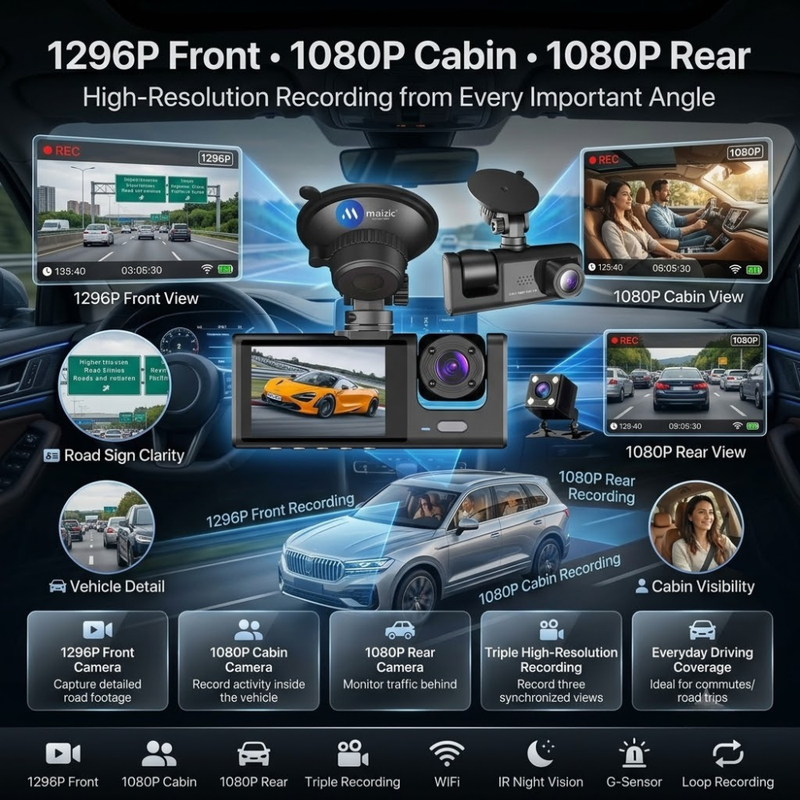 Maizic Smarthome Navik Pro Dash Triple Camera for Car | 3-Channel 5MP 1296P Front, Rear & Inside Cabin Recording | Wi-Fi | 2-Inch Display | Night Vision | WDR | G-Sensor | Loop Recording | Parking Mode