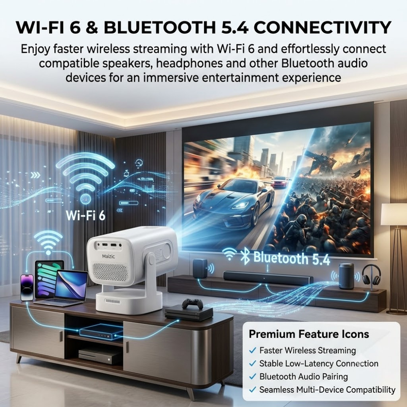 Maizic Smarthome CineGo Max View Smart LED Projector | Native 1080P Full HD | 4K Support | 14000 Lumens | Short Throw Projection | WiFi 6 & Bluetooth 5.4 | Android OS | Auto Focus & Auto Keystone | Netflix, Prime Video & Hotstar