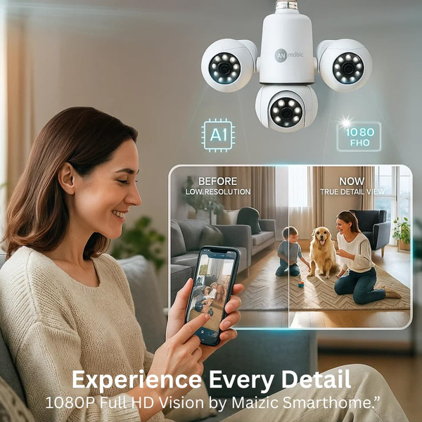 Maizic Smarthome Trion Bulb 5+5+5MP FHD Triple Lens WiFi CCTV Camera | Manual Side Rotation | 360° View | Color Night Vision | AI Human Detection | Two-Way Audio | Indoor Security | TF Card Support
