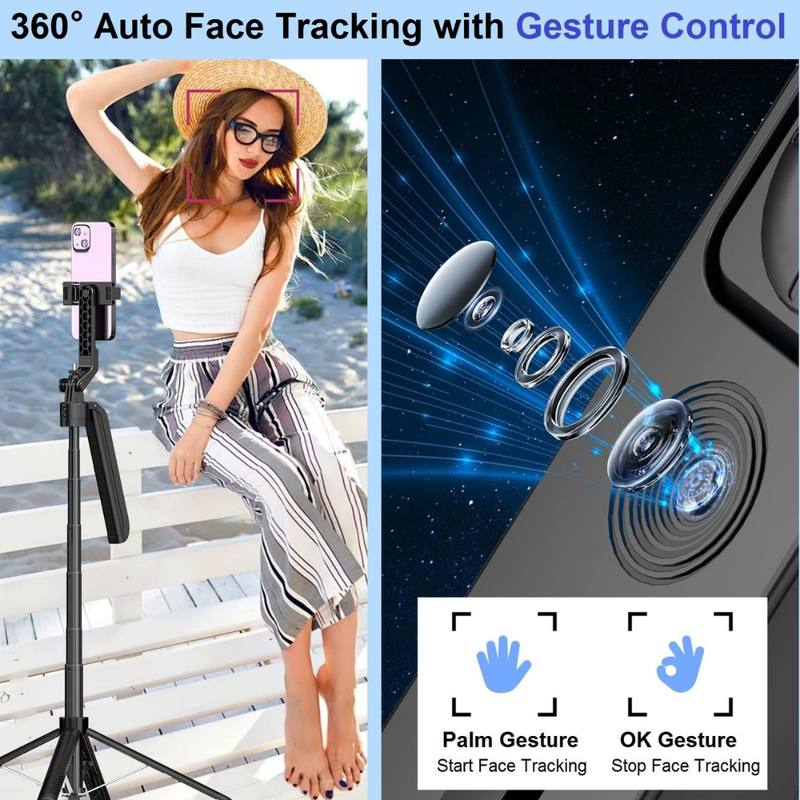 Maizic Smarthome CreatorPod 8 71-Inch AI Auto Face Tracking Tripod, 360° Smart Rotating Phone Holder with Gesture Control, No App Required, Anti-Shake Handle, Extendable Selfie Stick Stand