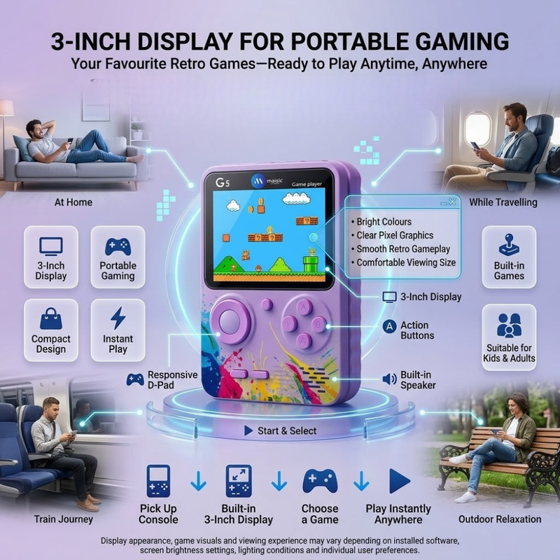 Maizic Smarthome G5 Retro Game Box 500-in-1 Handheld Console | 3-Inch Color Display | Rechargeable Retro Gaming Device | Portable Classic Game Player for Kids & Adults | Purple