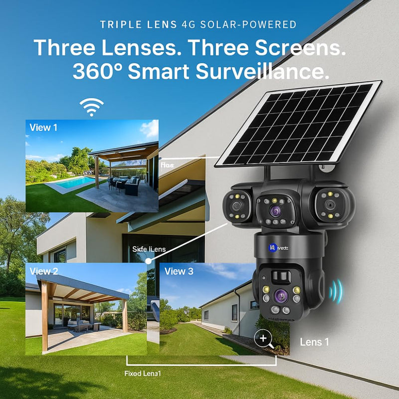 Maizic Smarthome SunEye 3X 4G Solar Triple Lens 5MP Outdoor CCTV Camera | 3-Screen View | Manual Side Rotation | Auto Tracking | Human Detection | Color Night Vision | Two-Way Audio |Multi-User Access