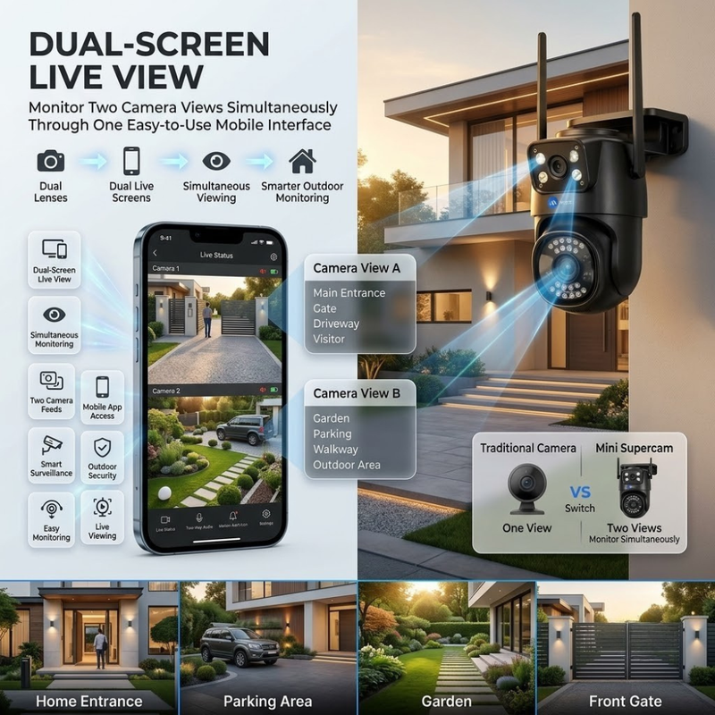 Maizic SmartHomes Mini Supercam Black 4G SIM Outdoor Security Camera | 5MP+5MP Dual Lens | Dual Screen Live View | Free SIM & 1-Month Data Plan | Color Night Vision | AI Motion Detection | Two-Way Audio | Multi-User Access