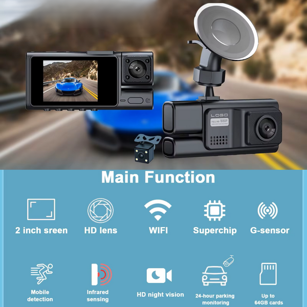 Maizic Smarthome Labial 3 Channels Dash Camera | 5MP 1296P FHD Front and Rear Inside Loop Recording | Built-in Wi-Fi | Night Vision | G-Sensor | Triple Car Camera with 2 Inch Screen, WDR, Parking Mode