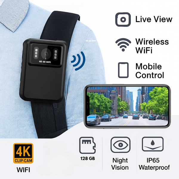 Maizic Smarthome 4K HD WiFi Clip-Cam Body Camera – 128GB, Mobile Wireless, Night Vision, 150° Wide Angle, IP65 Waterproof, Audio/Video Recording for Security, Law Enforcement & Personal Use