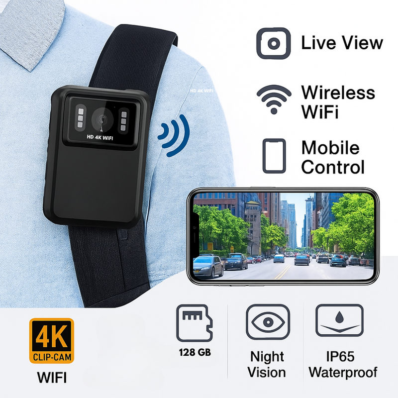 Maizic Smarthome 4K HD WiFi Clip-Cam Body Camera –Support 128GB Memory card, Mobile Wireless, Night Vision, 150° Wide Angle, IP65 Waterproof, Audio/Video Recording for Security, Law Enforcement & Personal Use