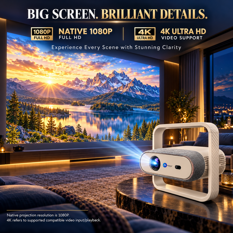 Maizic Smarthome Lumora Gold Smart Projector, Native 1080P, 4K Support, 750 ANSI, Android 14, WiFi 6, Bluetooth, Auto Focus, Auto Keystone, 360° Rotation, Dust-Proof Design, Air Inlet, RGB Light