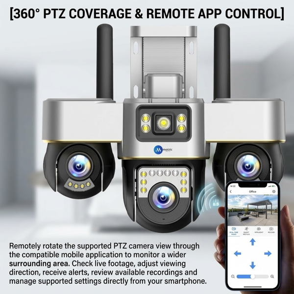 Maizic Smarthome Trigenie 4G SIM Triple Lens CCTV Camera, 5MP×3 Outdoor Security Camera with 360° PTZ, Triple Screen View, Color Night Vision, AI Motion Detection, 2-Way Audio & App Remote Access (Black)