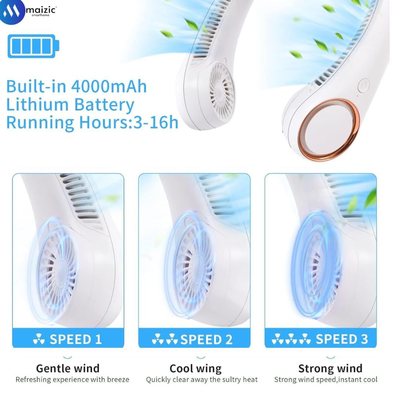 Maizic Smarthome Bladeless Neck Fan – USB Rechargeable, Hands-Free Portable Cooler with 3-Speed Airflow | Lightweight & Stylish (White)