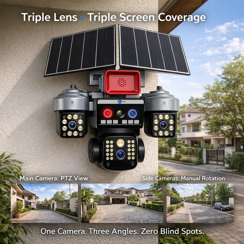 Maizic Smarthome Batman Siren 4G Dual Solar Panel Outdoor CCTV Camera | Triple (Lens/Screen) 5MP×3 UHD | Manual Side Cameras Rotation | 360° View | Color Night Vision | 2-Way Audio | Motion Detection