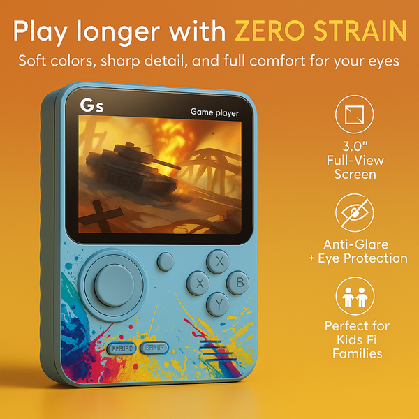 Maizic Smarthome G5 Blue Retro Handheld Game Console with 500 built-in games, 3-inch screen, TV connection, and rechargeable battery. Ideal gift for kids and classic game fans.