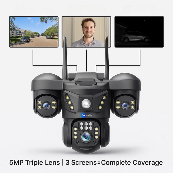 Maizic Smarthome Trion 5MP×3 Triple Lens CCTV Camera | 3-Screen Full HD View | 4G SIM Connectivity with Free SIM | Color Night Vision | Pan & Tilt | Two-Way Talk | Human Detection | 1-Year Warranty