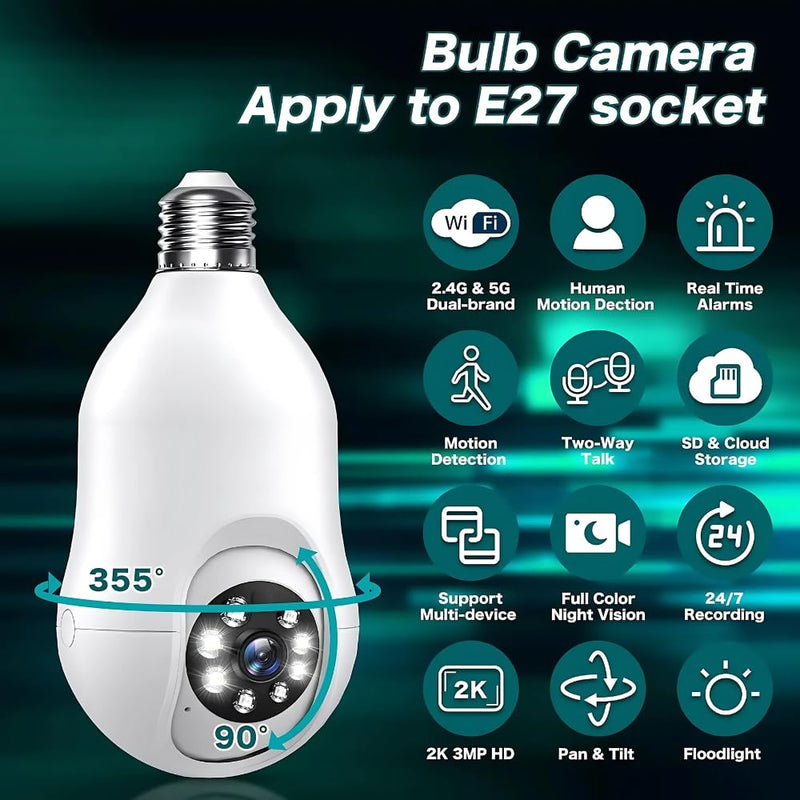 Maizic Smarthome Orbit 360° Dual Pack | 3MP Wi-Fi Bulb CCTV Camera with Motion Tracking, Color Night Vision, Two-Way Audio | Compatible with B22 & E27 Holders (Pack of 2)