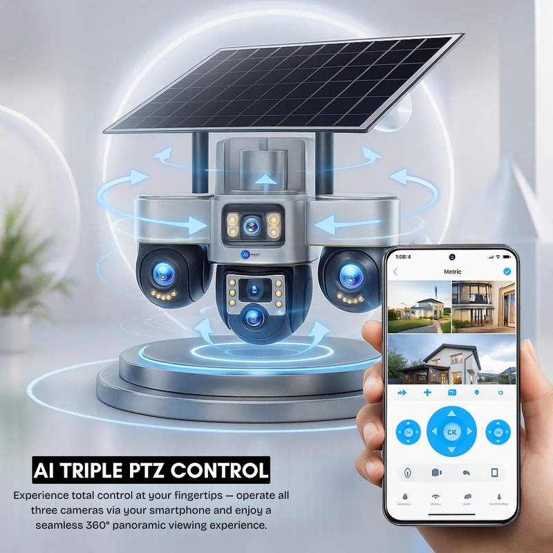 Maizic Smarthome TRIGENIE 4G Solar 6MP×3 FHD 3 Lens/3 Screen AI Triple PTZ Outdoor CCTV Camera | 360° View | Color Night Vision | Human Detection | 2-Way Audio | IP66 Waterproof | Multi User View