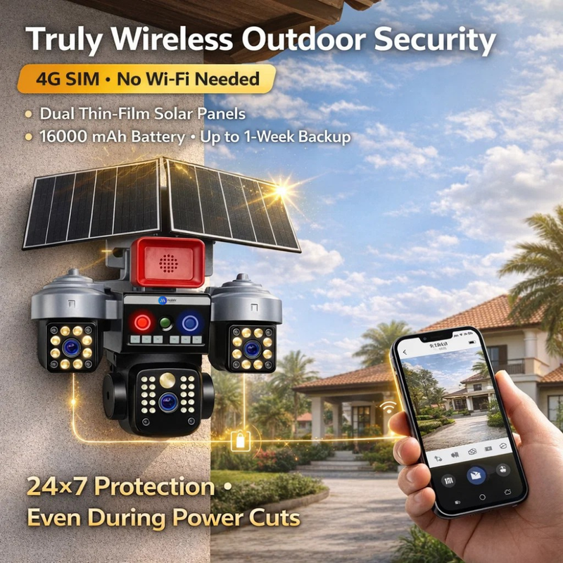 Maizic Smarthome Batman Siren 4G Dual Solar Panel Outdoor CCTV Camera | Triple (Lens/Screen) 5MP×3 UHD | Manual Side Cameras Rotation | 360° View | Color Night Vision | 2-Way Audio | Motion Detection