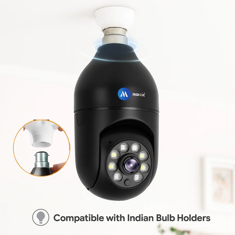 Maizic Smarthome Black Bulb Holder 3MP HD Wi-Fi CCTV Camera | Indoor Security PTZ with Color Night Vision, Two-Way Audio & Siren