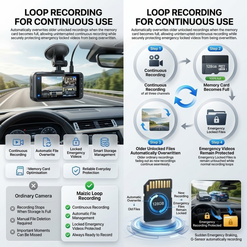 Maizic Smarthome Triplex WiFi Car Dash Cam | 3-Channel Front, Cabin & Rear Camera | 1296P Front + Dual 1080P Recording | G-Sensor | IR Night Vision | Loop Recording | 24H Parking Monitor