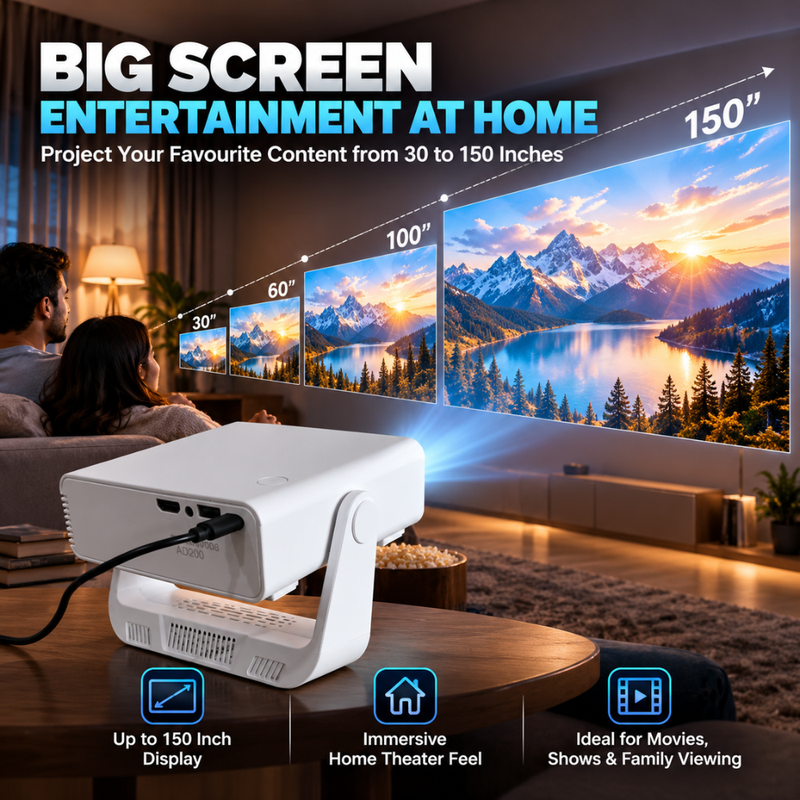 Maizic Smarthome Nano Lumora HD Smart LED Projector, Native 720P, 220 ANSI Lumens, 150 Inch Display, Dual Band WiFi, Bluetooth, Auto Keystone, Android & iOS Screen Mirroring, HDMI & USB