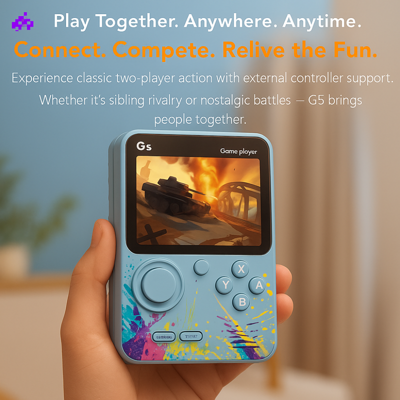 Maizic Smarthome G5 Blue Retro Handheld Game Console with 500 built-in games, 3-inch screen, TV connection, and rechargeable battery. Ideal gift for kids and classic game fans.