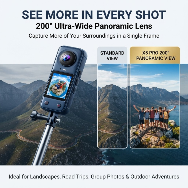 Maizic Smarthome X5 Pro 4K Waterproof Action Camera, 200° Panoramic Wide Angle, 66MP Photos, Dual Front & Rear Cameras, 16X Digital Zoom, 2.0 Inch IPS Screen, 1500mAh Battery, 32GB Memory Card