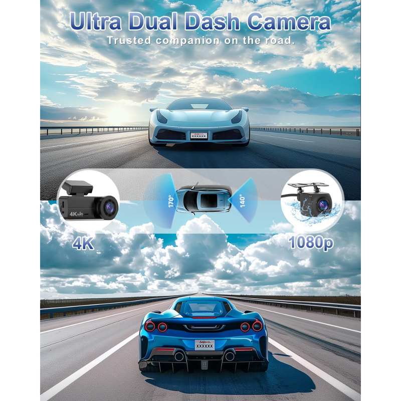 Maizic Smarthome 4K Front & 1080P Rear Dual Dash Cam for Car, Built-in WiFi, Voice Prompts, Super Night Vision, 64GB SD Card Support, 24H Parking Monitoring, G-Sensor & Loop Recording