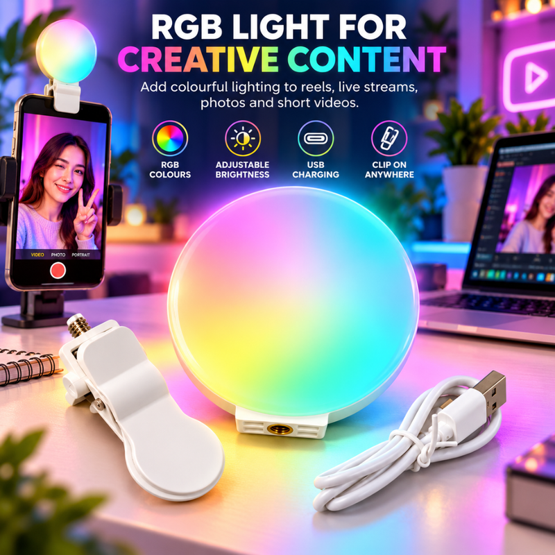 Maizic Smarthome MJ-01 RGB Clip Fill Light for Mobile & Laptop | 1000mAh Rechargeable Selfie Light, 5%-100% Dimming, Soft RGB Light, 180° Adjustable Clip | Reels, Vlogging, Makeup & Video Calls