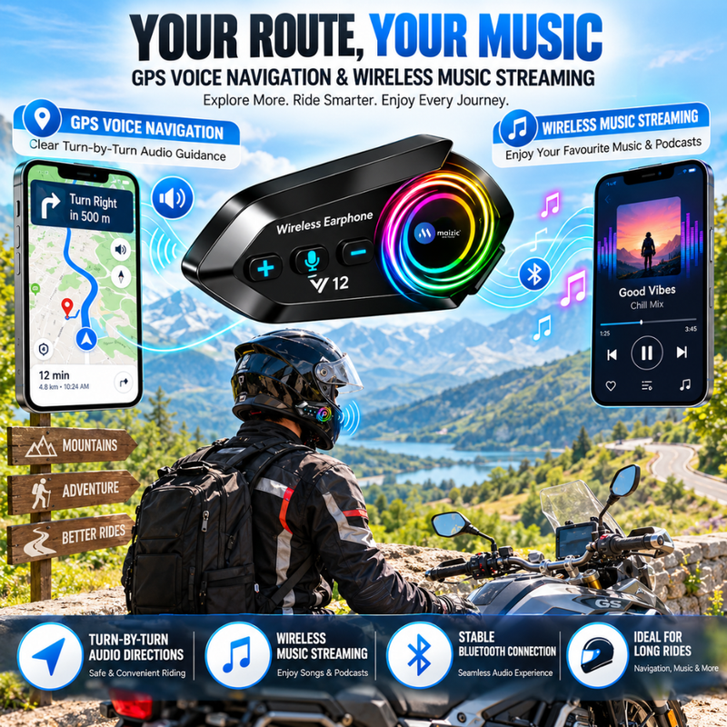 Maizic Smarthome Y12 Helmet Bluetooth Headset with HD Calling, 360° Surround Sound, Bluetooth 5.4, Noise Cancellation, IP67 Waterproof, Voice Assistant & Siri Support, Universal Helmet Compatibility
