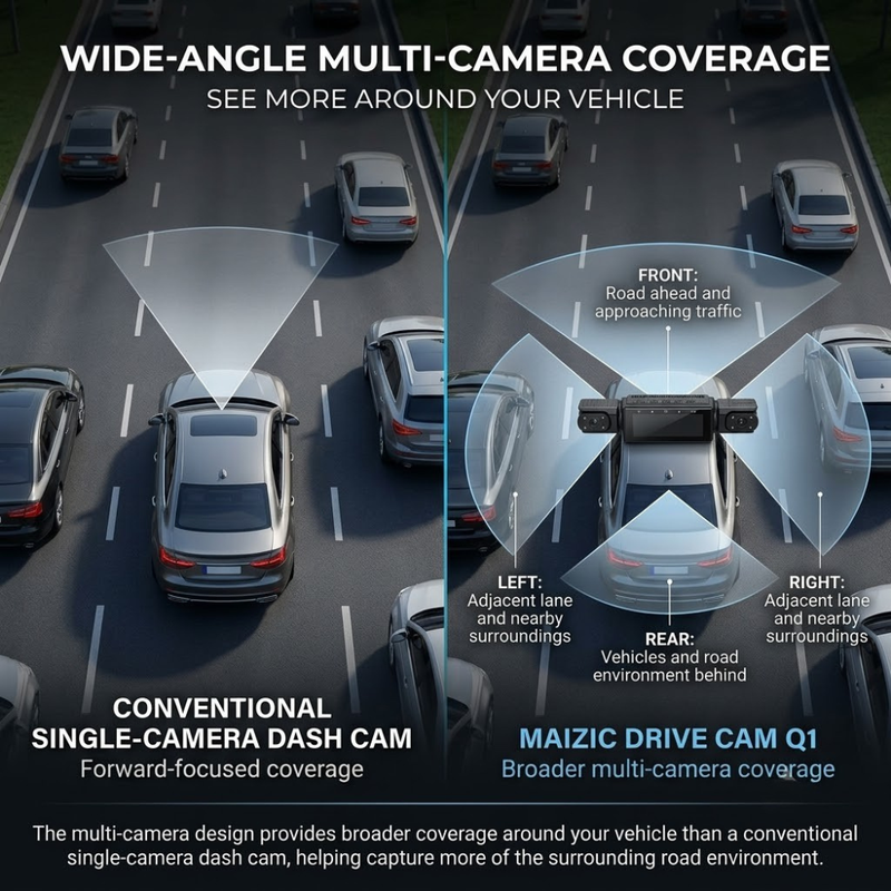 Maizic Smarthome Drive Cam Q1 4 Channel 1080P*4 Dash Camera for Car, Front Rear Left Right Recording, WiFi, WDR Night Vision, G-Sensor, Loop Recording, Parking Monitor, Wide Angle Car DVR