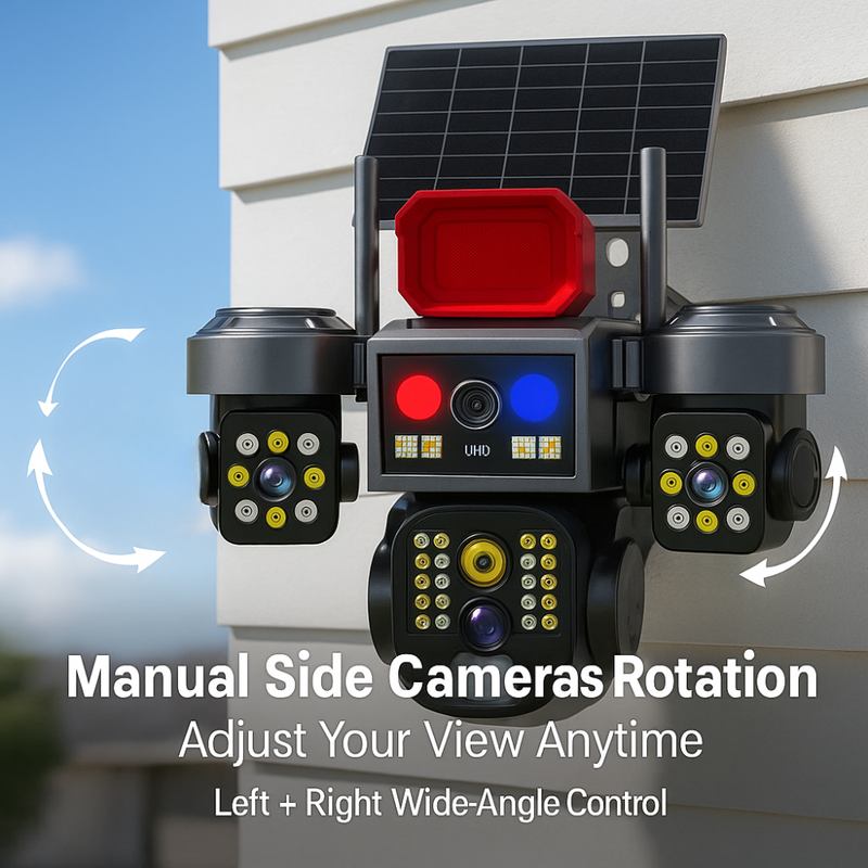 Renewed Maizic Smarthome Batman Siren 4G Solar Triple Lens CCTV Camera | 3×3MP UHD | Outdoor Security | Manual Side Rotation | Color Night Vision | Human Detection | Two-Way Audio | IP67 Waterproof