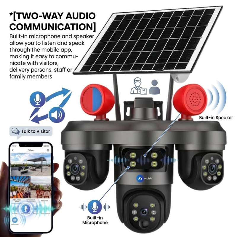 Maizic Smarthome TRIGENIE Siren Solar Wi-Fi Triple Lens 5MP×3 AI PTZ Security Camera | 360° Outdoor Surveillance | Triple Screen Monitoring | Color Night Vision | Human Detection | 2-Way Talk | IP66 Waterproof (Black)