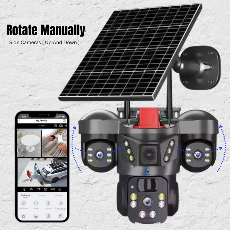 Maizic Smarthome Trion 5MP×3 Triple Lens 4G SIM Solar CCTV Camera for Home Outdoor | 3-Screen Live View | AI Human Detection | Color Night Vision | Two-Way Audio | Multi-User Access | Manual Side Rotation