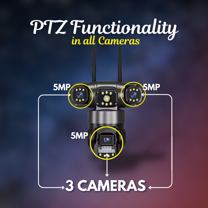 Batman Black 3in1 4G Sim CCTV Camera (5MP+5MP+5MP) Full HD 3 Lens/3 Screen View Home Security Camera with Pan Tilt 360° View & 2 side camera horizontally rotate 180°