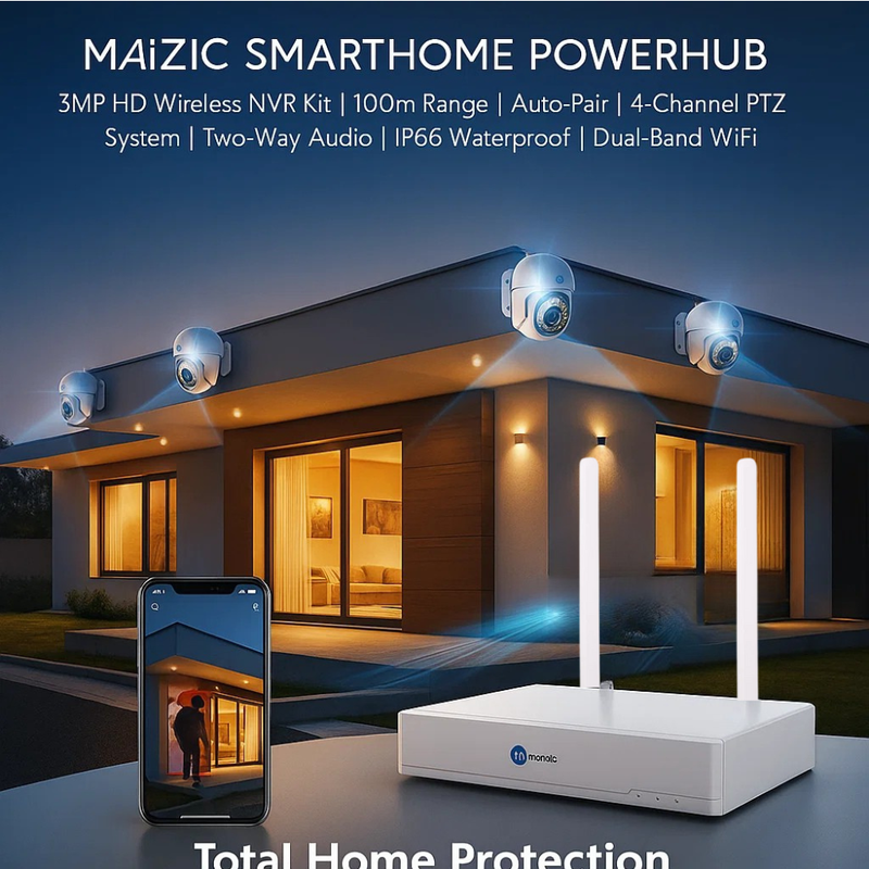 Maizic Smarthome PowerHub 3MP HD Wireless CCTV NVR Kit | Auto-Pair 4-Channel Security System | PTZ Cameras | 100M Long-Range Dual-Band Wi-Fi | IP66 Waterproof | Motion Detection | 2-Way Audio | App Live View