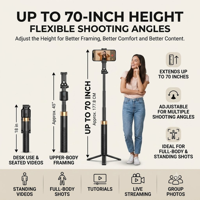 Maizic Smarthome Gimbal Camera G3 70-Inch AI Auto Face Tracking Tripod for Smartphone, 360° Rotation, Gesture Control, Gimbal Stabilizer & Selfie Stand for Live Streaming, Vlogging & Content Creation