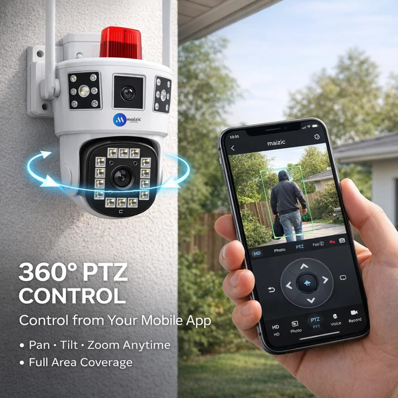 Maizic Smarthome Supercam White Shark 4G SIM Outdoor CCTV Camera | 5MP+5MP 2-Lens/3-Triple Screen View | AI Motion Detection | Color Night Vision | 360° PTZ | Ultra FHD | Two Way Audio | IP67