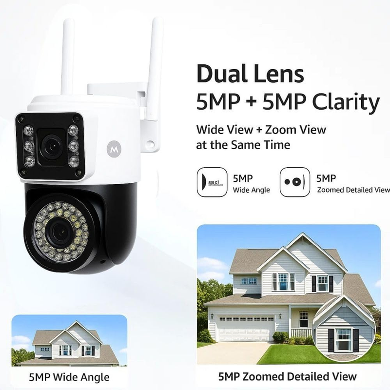 Maizic Smarthome SuperCam 36IR Dual Lens 5MP+5MP UHD WiFi Outdoor CCTV Camera for Home | Dual Screen View | Color Night Vision | AI Human Detection | 2-Way Audio | ONVIF | Wireless Security Camera