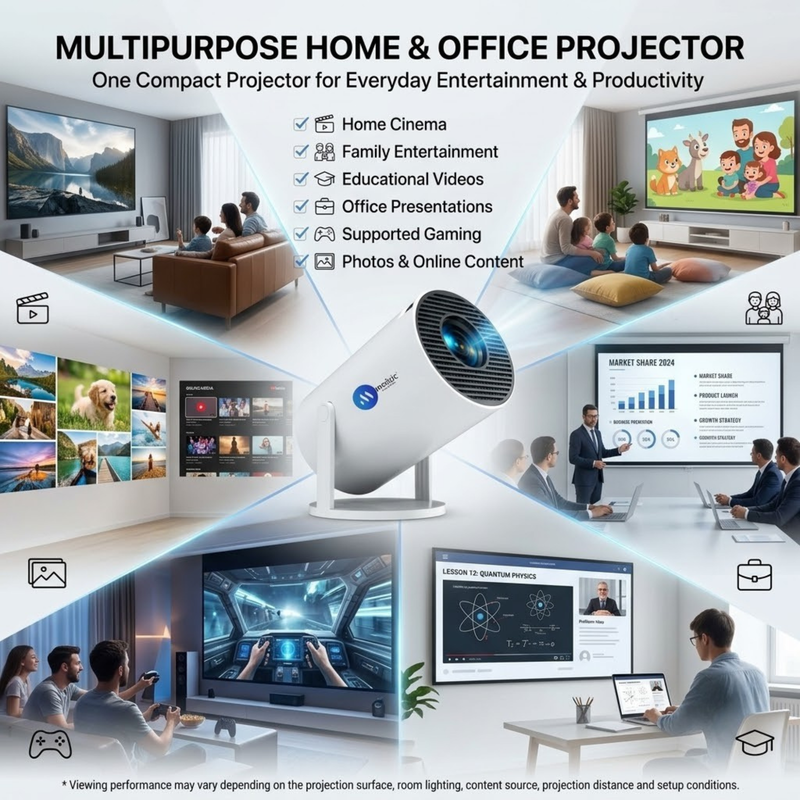 Maizic Smarthome Android Smart Mini Projector | Pocket Portable Home Cinema | 150 ANSI Lumens | 4K & 1080P Supported | Dual Band WiFi (2.4G/5G) | Built-in Speaker | LED Projector for Home, Office & Outdoor Entertainment