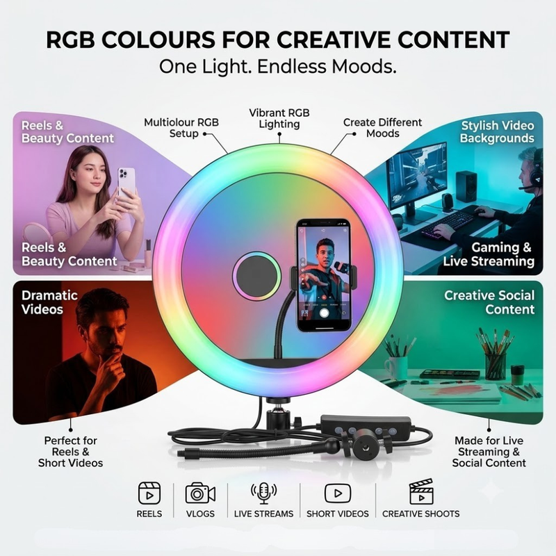 Maizic Smarthome RGB LED Soft Ring Light with Adjustable Phone Holder for Selfies, Reels, YouTube, Vlogging, Video Shooting & Live Streaming